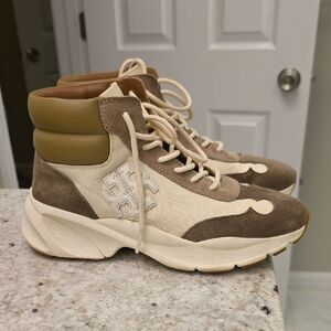 Tory Burch Beige and Brown Lace Up Boots